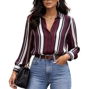 Express Womens Preppy Vertical Stripe Button Top Burgundy Navy White Small NEW